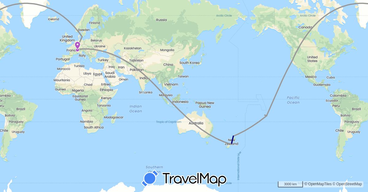 TravelMap itinerary: driving, plane, train in Switzerland, Denmark, France, New Zealand, Singapore, United States (Asia, Europe, North America, Oceania)